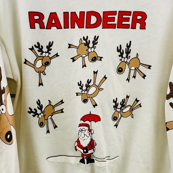 Vtg Womens M Raindeer Christmas Sweatshirt Santa Raining Reindeer Umbrella 1988 - Picture 2 of 12